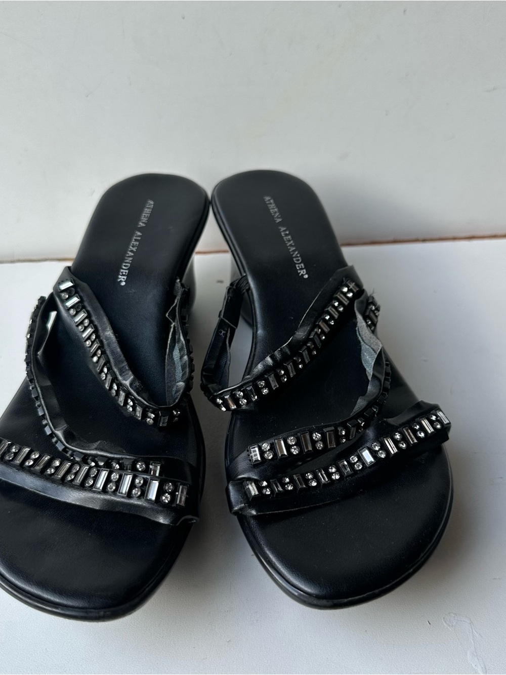 Athena Alexander Black Rhinestone Wedge Sandals Women’s Slip On Heels Sz 6 Glam